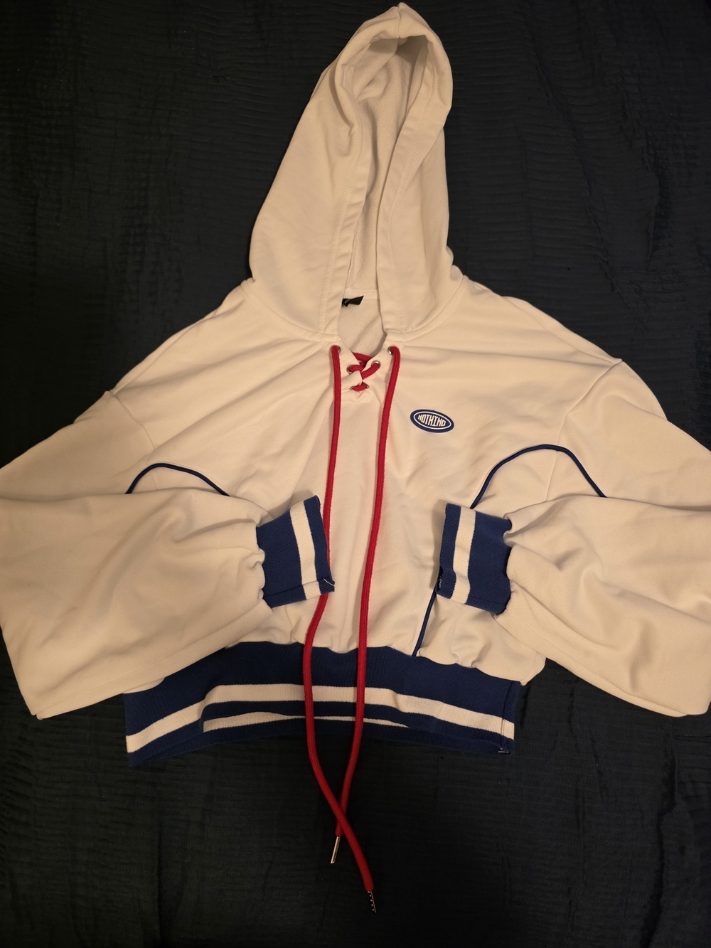 SHEIN White Hooded Cropped Sweatshirt with Blue Trim and Red Drawcords
